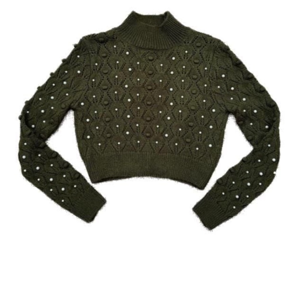 ZARA NWT OPEN BACK PEARL AND POPCORN SWEATER TURTLENECK CROPPED SWEATER
